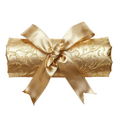 Elegant gold gift wrap with satin bow, perfect for special occasions. This luxurious wrapping adds touch of sophistication to any present, making it ideal for celebrations