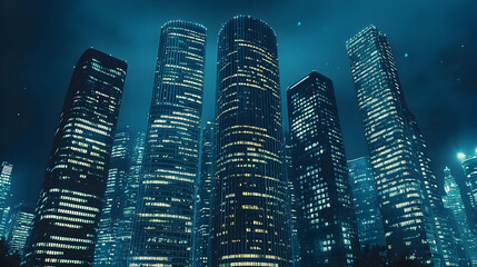 Poster - Night city skyscrapers, glowing lights, urban scene, futuristic backdrop