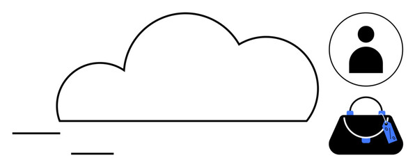 Poster - cloud outlined with motion lines, user icon, and handbag symbolize cloud computing, e-commerce, data