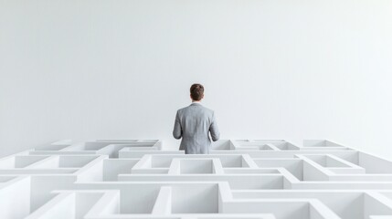 Man in Grey Suit Contemplating a White Maze