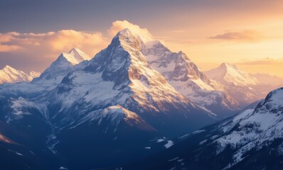 Wall Mural - Majestic snowy mountain peak at sunset