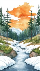 Wall Mural - Climate action campaigns, Scenic River Landscape with Mountains, Forests, and Sunset Sky in Watercolor Style Artwork