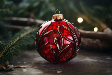 Poster - Red christmas ball with golden decorations resting on a rustic wooden table, surrounded by fir branches and warm christmas lights, creating a festive atmosphere