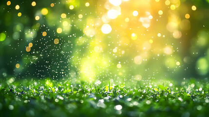 Wall Mural - Sunny rain on green grass, bokeh background