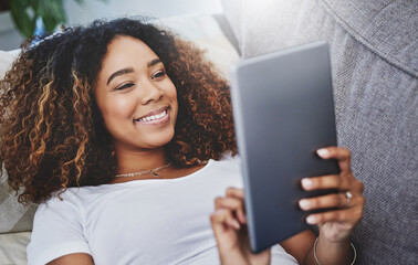 Poster - Relax, reading and woman on couch with tablet for university registration, research or checking email. Home, scroll or college student on sofa with digital app for social media, games or online chat