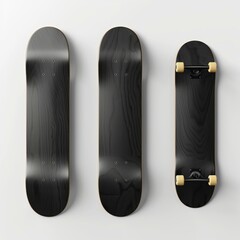 Wall Mural - Three black skateboards hanging on white wall, two showing top view and one showing bottom view