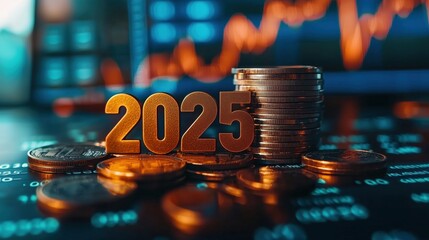 Poster - Financial Growth Concept with Coins and 2025 Symbolizing Future Investment and Economic Prosperity in a Digital Stock Market Environment