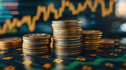 Poster - Stacks of shiny coins on a digital trading chart with fluctuating graphs representing financial market trends and investment opportunities in currency trading
