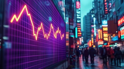 Aufkleber - Urban Night Scene with Neon Lights and Stock Market Trend Graph Displayed on Digital Billboard in Busy City Environment
