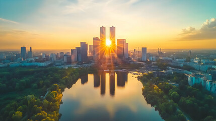 Wall Mural - Sunrise over city skyline, lake reflection, green park