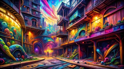 Naklejka na meble Abstract, psychedelic city: trippy textures, surreal graffiti art, and fantastical digital landscapes collide.