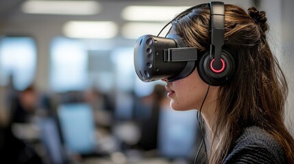 Poster - A professional deeply immersed in virtual reality technology, wearing a high-tech headset and headphones, surrounded by a contemporary office environment filled with computers