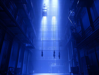 Poster - Industrial building interior, dark blue light, hanging figures, architectural design