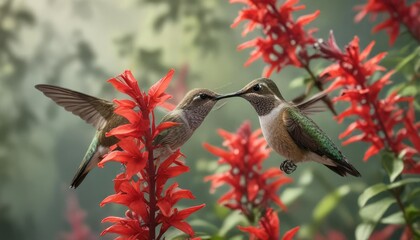 Wall Mural - Hummingbird sipping nectar from a red salvia bloom, colorful flowers, small bird