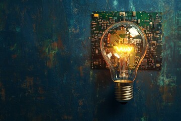 Poster - Glowing light bulb with circuit board on dark blue background.