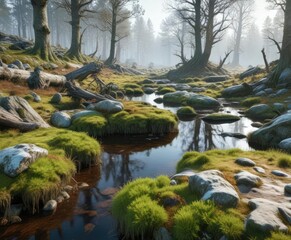 Wall Mural - Icy frozen bog with moss and lichen covered rocks and trees , frost, bog