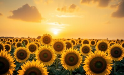 Canvas Print - Vibrant sunflower field at sunset