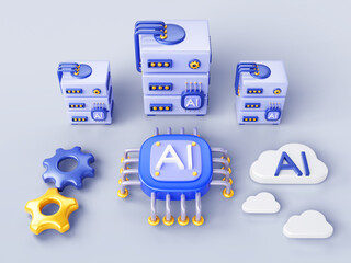 Fototapete - 3d Artificial intelligence technology banner. AI computer server, cloud computing, microchip render blue background. Machine learning, big data, infrastructure cloud platform service. 3D illustration