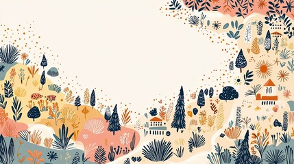 Wall Mural - Francophonie Month, Colorful Hand-Drawn Nature Landscape with Trees, Flowers, and Cute Buildings in a Scenic View