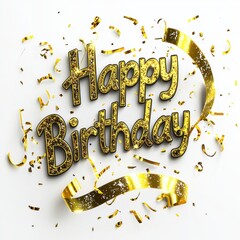 Wall Mural - Cursive Happy Birthday text with a golden ribbon swirling around it, isolated on a clean white background