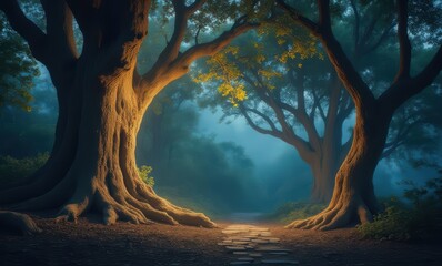 Poster - Mysterious forest path illuminated by trees