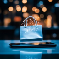 Aufkleber - Digital Minimalism in Urban Shopping Macro Smartphone Contactless Payment on Glass with Glowing Icons - Fintech Future and Retail Innovation for Modern Urban Consumers