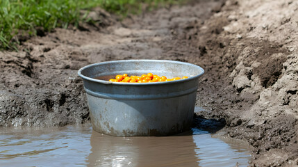 Wall Mural - Harvesting yellow berries in muddy field