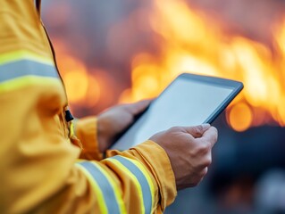 Poster - Digital Crisis Management Firefighter Analyzing Emergency Protocols on a Tablet in High-Tech Safety Gear - Public Service Efficiency and Resilience Planning