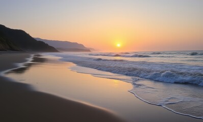 Wall Mural - Serene sunset over tranquil beach waves