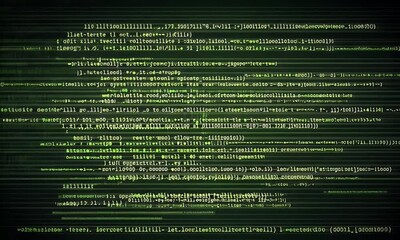 green digital code scrolling on dark background; cybersecurity, technology concept