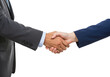 © Vooglo.com - Two hands in a firm handshake, both wearing formal suits, isolated on a white background