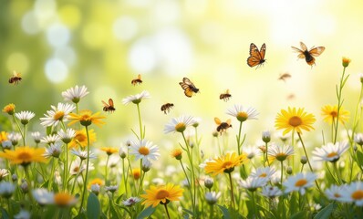 Canvas Print - Vibrant meadow with butterflies and bees