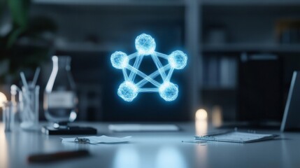 Aufkleber - Neon-Hued Holographic Molecule Display Cutting-Edge Visualization for Scientific Labs and Tech Innovation - Enhancing Research Efficiency with Advanced Digital Interfaces