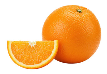 Poster - A whole orange and a single slice showing the juicy texture, isolated on a white background