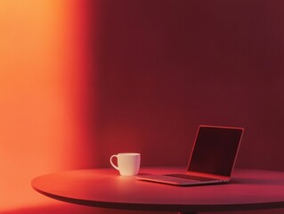 Poster - Modern Workspace Aesthetic Minimalist Laptop and Mug on Sunlit Cafe Table - Creative Remote Office for Freelancers and Efficient Digital Interaction