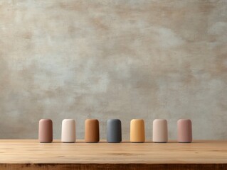 Poster - Minimalist Smart Speaker Lineup on Rustic Wooden Table - Modern Lifestyle and Tech Content for Smart Home Integration and Acoustic Design in Elegant Home Interiors