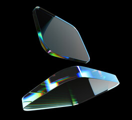 Poster - 3d crystal light rainbow holographic glass square plate shapes on black background. Abstract geometric transparent cube figures, prism iridescent gradient texture, digital tech banner. 3D illustration