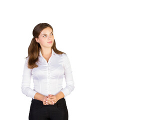 Poster - Young woman in a white blouse andpants standing with clasped hands, looking to the side, isolated on a white background, concept of professionalism