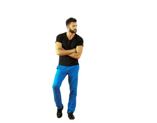 Poster - Man standing confidently with arms crossed, wearing ashirt and blue pants, isolated on a white background. Fashion and style concept