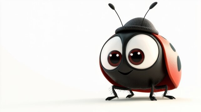 Funny ladybug cartoon character with a tiny hat and big expressive eyes, isolated on white