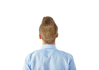 Poster - Back view of a man with short brown hair wearing a blue striped shirt. Isolated on a white background, concept of individuality or anonymity