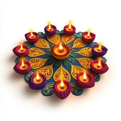 Wall Mural - Diwali-themed rangoli with small oil lamps and swirling patterns, centered on a clean white background