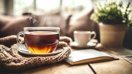Poster - A clean desk with a laptop, showing an empty screen, surrounded by a cup of tea, a notebook, and a potted plant for a peaceful workspace.