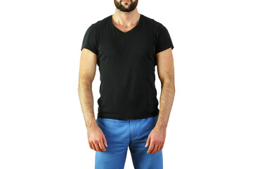Poster - A man wearing a plainT-shirt and blue pants, seen from the shoulders down, isolated on a white background. Apparel fashion concept