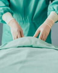 Poster - Minimalist Surgical Suite Concept Green Scrub Fabric and Gloved Hands in Operating Room - Patient Safety Visuals for Healthcare Marketing and Ethical Treatment Awareness