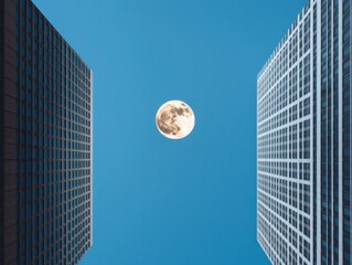 Poster - Celestial Urban Architecture Full Moon Framed Between Skyscrapers with Glass Facades - Business Innovation and Digital Marketing for Real Estate Promotion