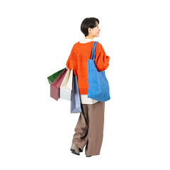 Aufkleber - ショッピングバッグを持って歩くミドル女性の後ろ姿　手作業で精密に切り抜いた背景透過全身写真PNG