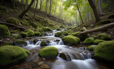 Sticker - Serene forest stream with mossy rocks