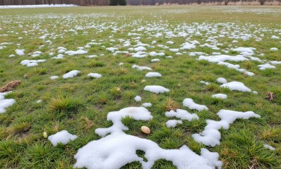 Canvas Print - Green field dotted with melting snow