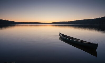 Wall Mural - Solitary canoe on tranquil lake at sunset